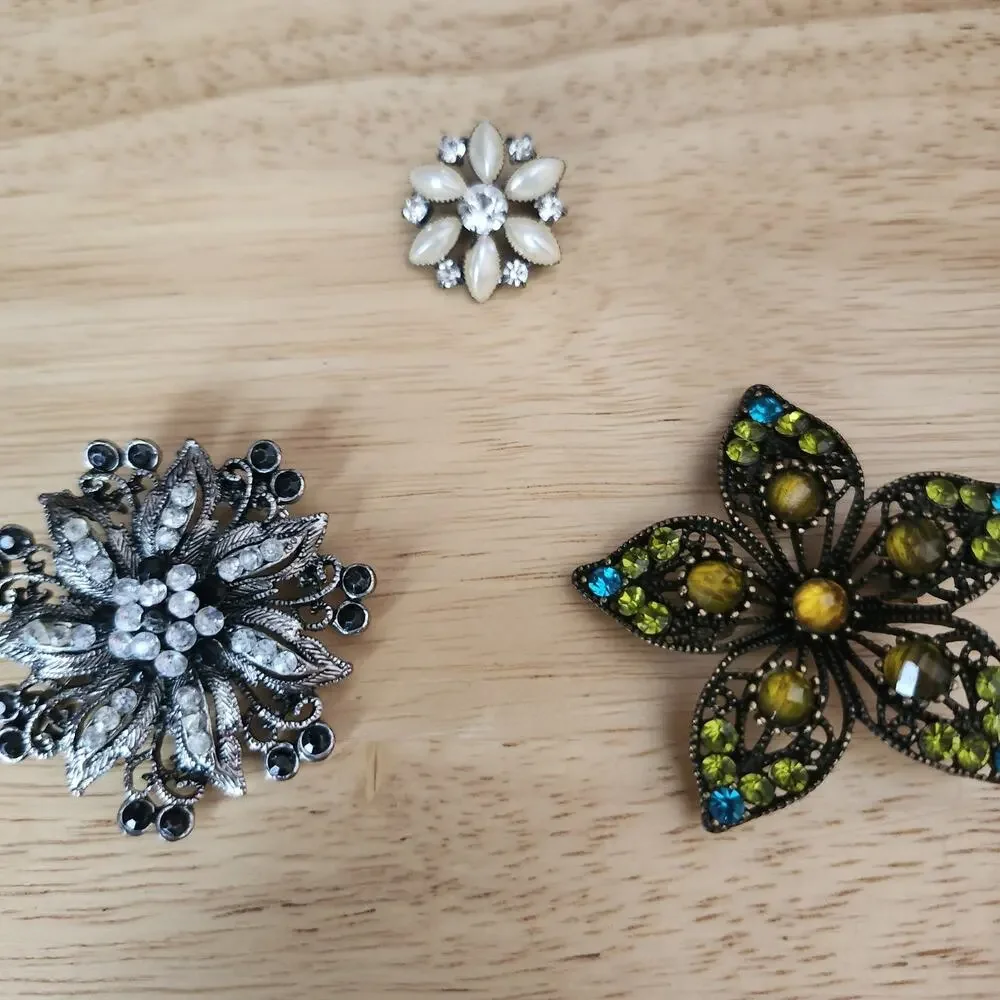 3 Vtg Rhinestone Floral Brooch Pin Silver Bronze Tone Starburst Textured Pendant